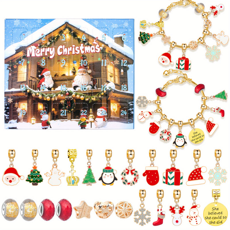 Christmas DIY Bracelet Making Kit - 24 Days Advent Calendar Jewelry Set with Charms and Crafting Chain, No Mosaic Material, Zinc Alloy Festive Ornaments for Holiday Party Gift Crafting