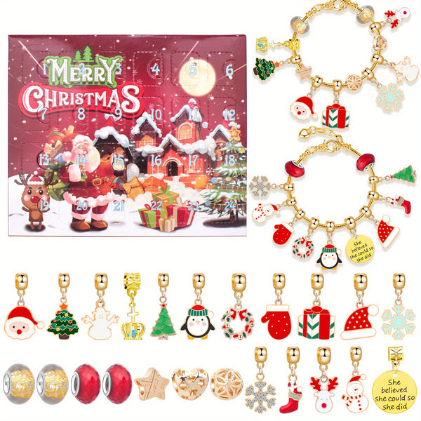 Christmas DIY Bracelet Making Kit - 24 Days Advent Calendar Jewelry Set with Charms and Crafting Chain, No Mosaic Material, Zinc Alloy Festive Ornaments for Holiday Party Gift Crafting