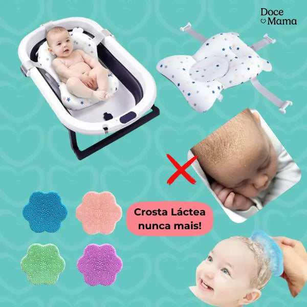 Kit Banho Seguro Doce Mama: Banheira Dobrável, Almofadinha e Escovinha!