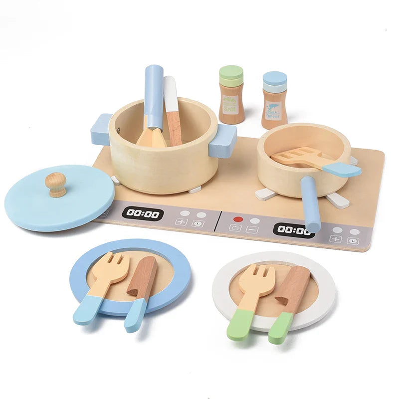 Kit Fogão e Utensílios de Cozinha Kids 14 Peças em Madeira