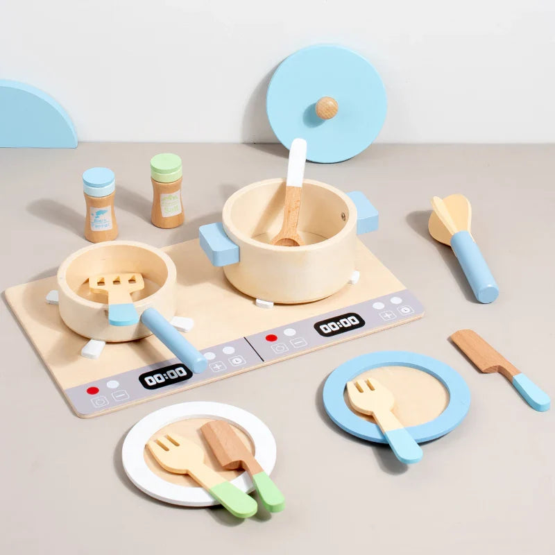 Kit Fogão e Utensílios de Cozinha Kids 14 Peças em Madeira