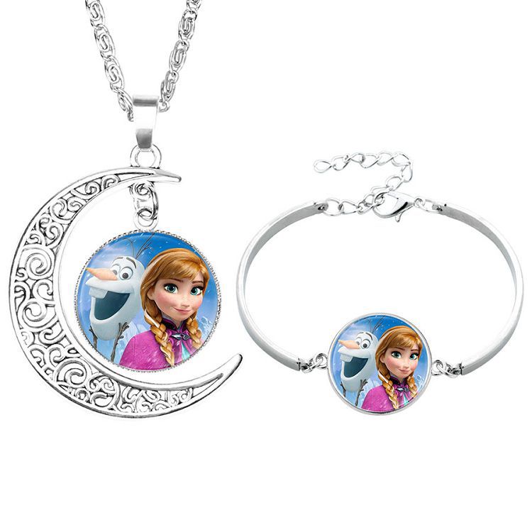 Disney Frozen Children's Necklace Princess Elsa Bracelet Time Gem Alloy Half Moon Pendant Necklace Set Girl's Birthday Gift