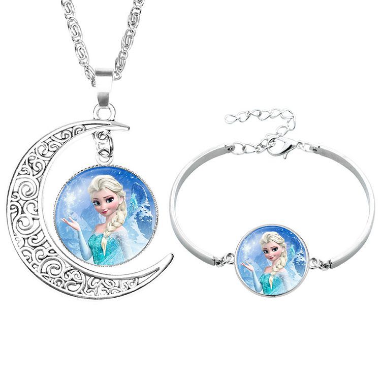 Disney Frozen Children's Necklace Princess Elsa Bracelet Time Gem Alloy Half Moon Pendant Necklace Set Girl's Birthday Gift