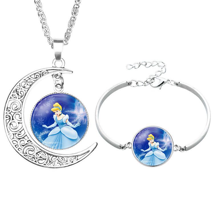 Disney Frozen Children's Necklace Princess Elsa Bracelet Time Gem Alloy Half Moon Pendant Necklace Set Girl's Birthday Gift