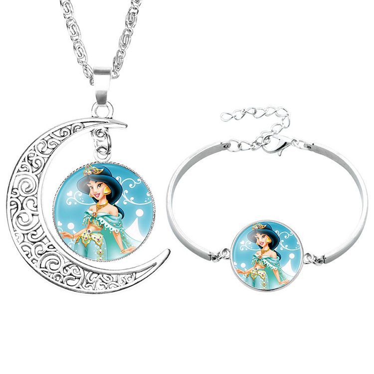 Disney Frozen Children's Necklace Princess Elsa Bracelet Time Gem Alloy Half Moon Pendant Necklace Set Girl's Birthday Gift