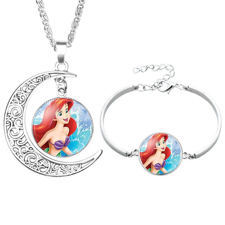 Disney Frozen Children's Necklace Princess Elsa Bracelet Time Gem Alloy Half Moon Pendant Necklace Set Girl's Birthday Gift