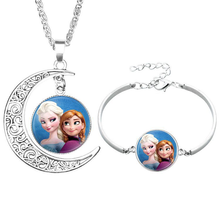 Disney Frozen Children's Necklace Princess Elsa Bracelet Time Gem Alloy Half Moon Pendant Necklace Set Girl's Birthday Gift