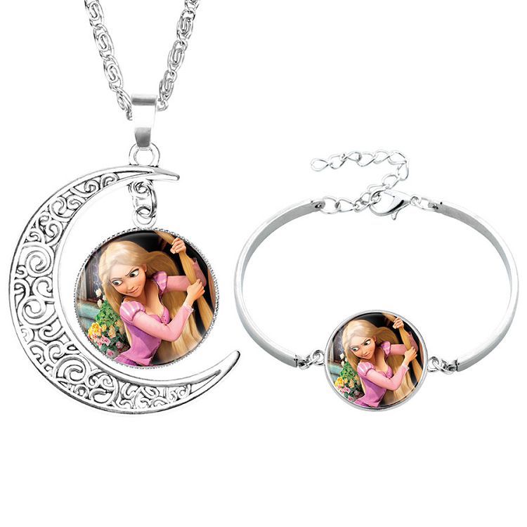 Disney Frozen Children's Necklace Princess Elsa Bracelet Time Gem Alloy Half Moon Pendant Necklace Set Girl's Birthday Gift