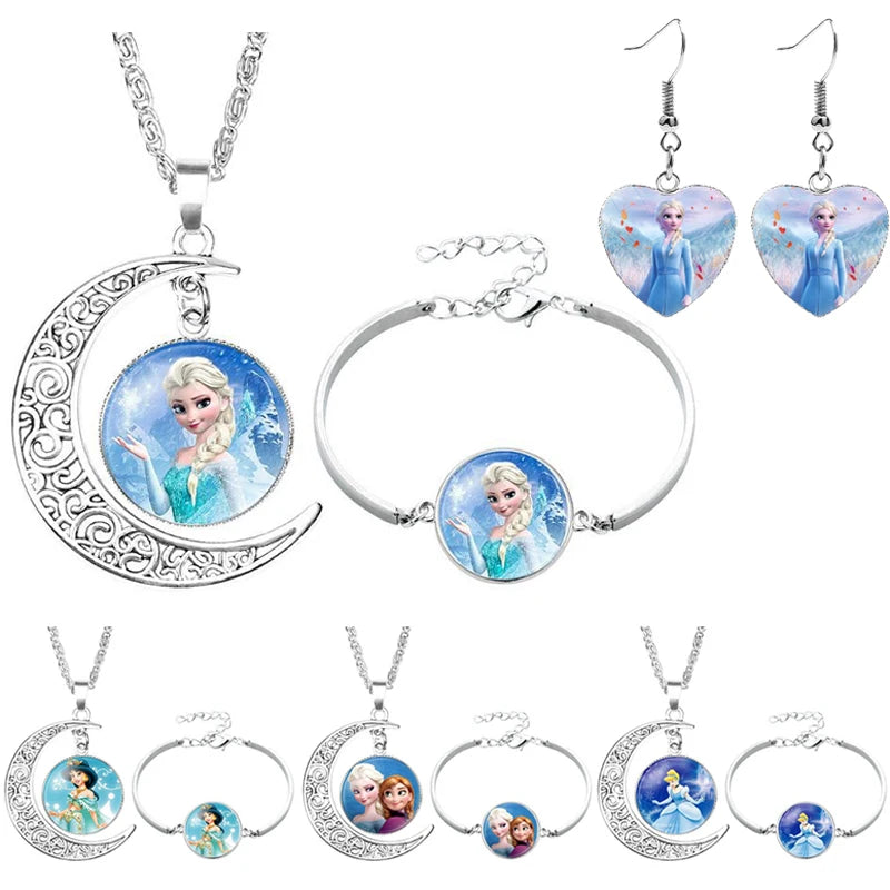 Disney Frozen Children's Necklace Princess Elsa Bracelet Time Gem Alloy Half Moon Pendant Necklace Set Girl's Birthday Gift