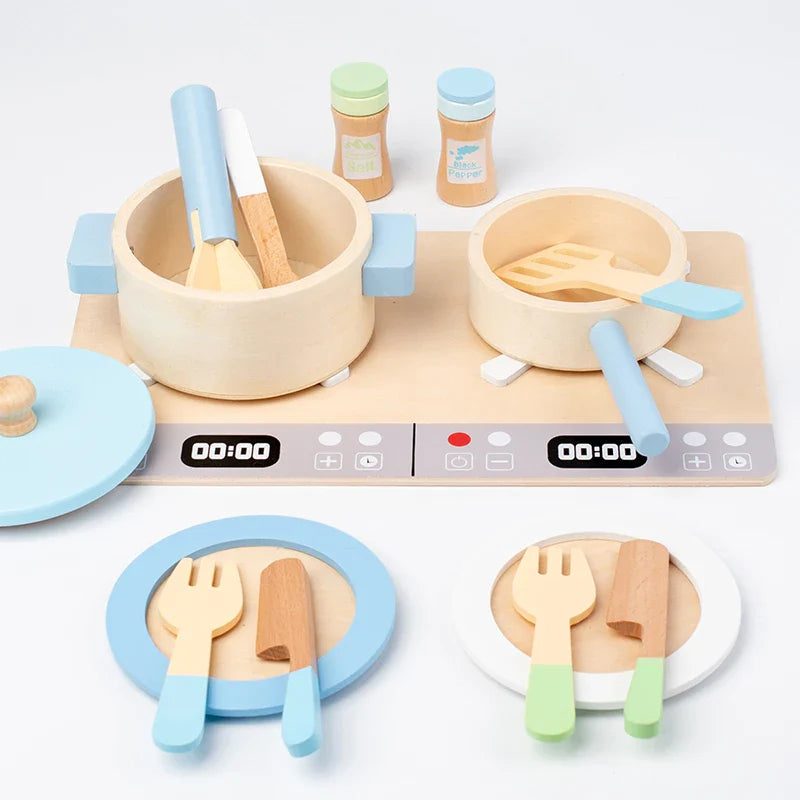 Kit Fogão e Utensílios de Cozinha Kids 14 Peças em Madeira